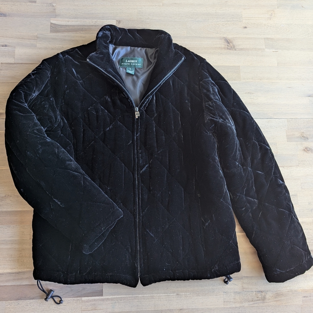 LAUREN Ralph Lauren Black Velour Quilted Coat (Women's Small)